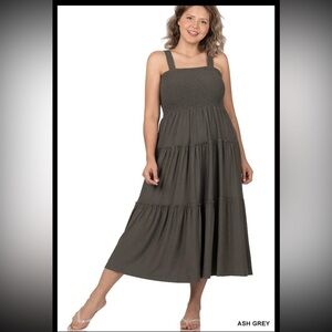 Zenana Plus Size Ash Grey Smocked Tiered Midi Dress